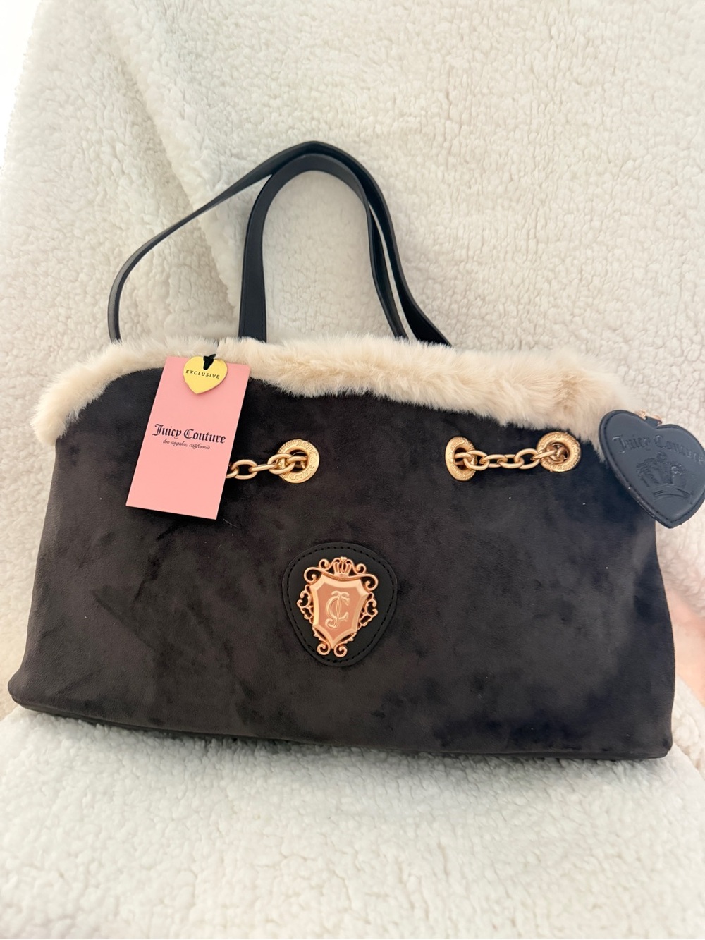 Juicy Couture Black Faux Fur Trim Tote Bag